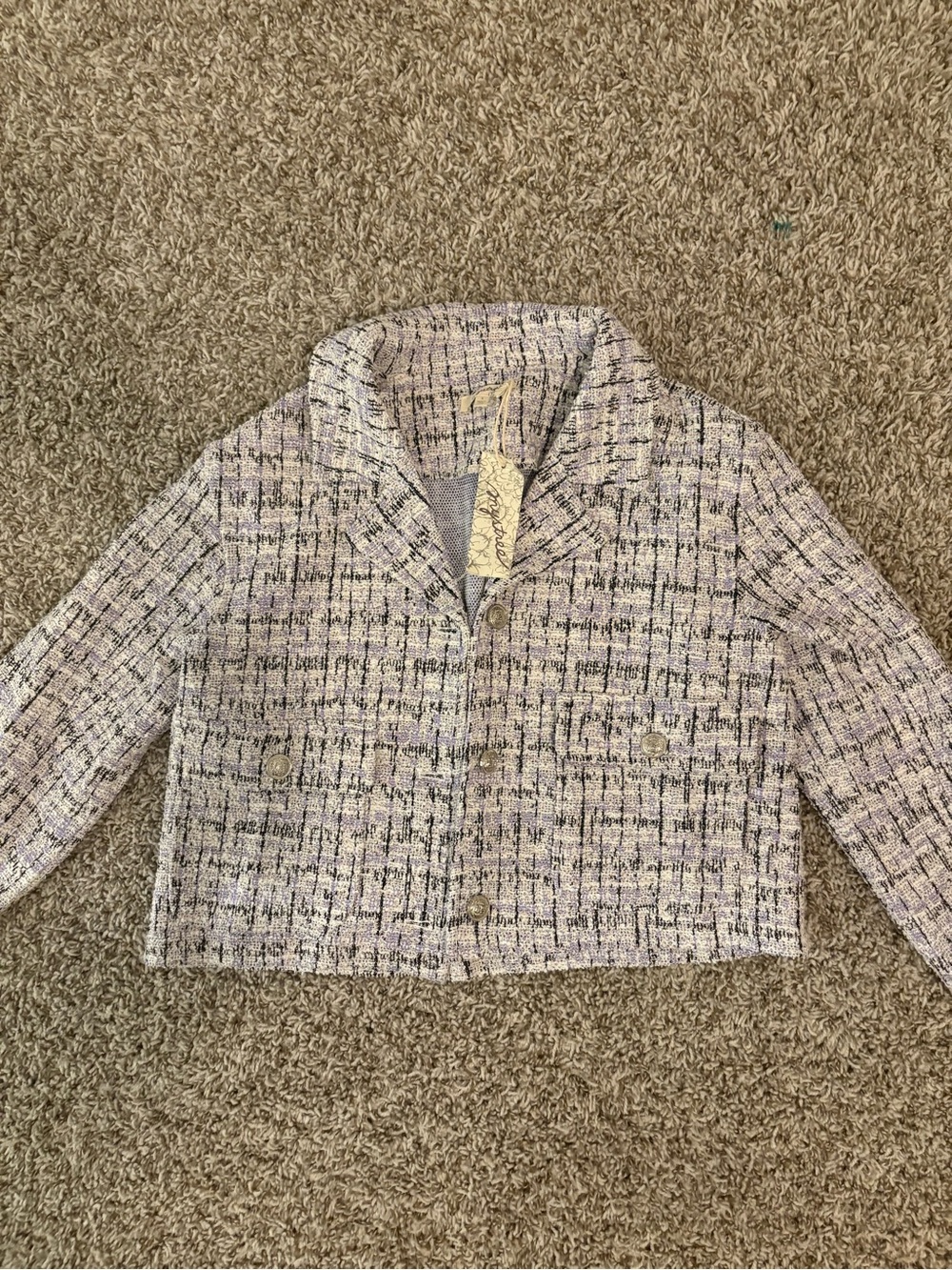 Mystree Lavender-Trim Tweed Cropped Blazer